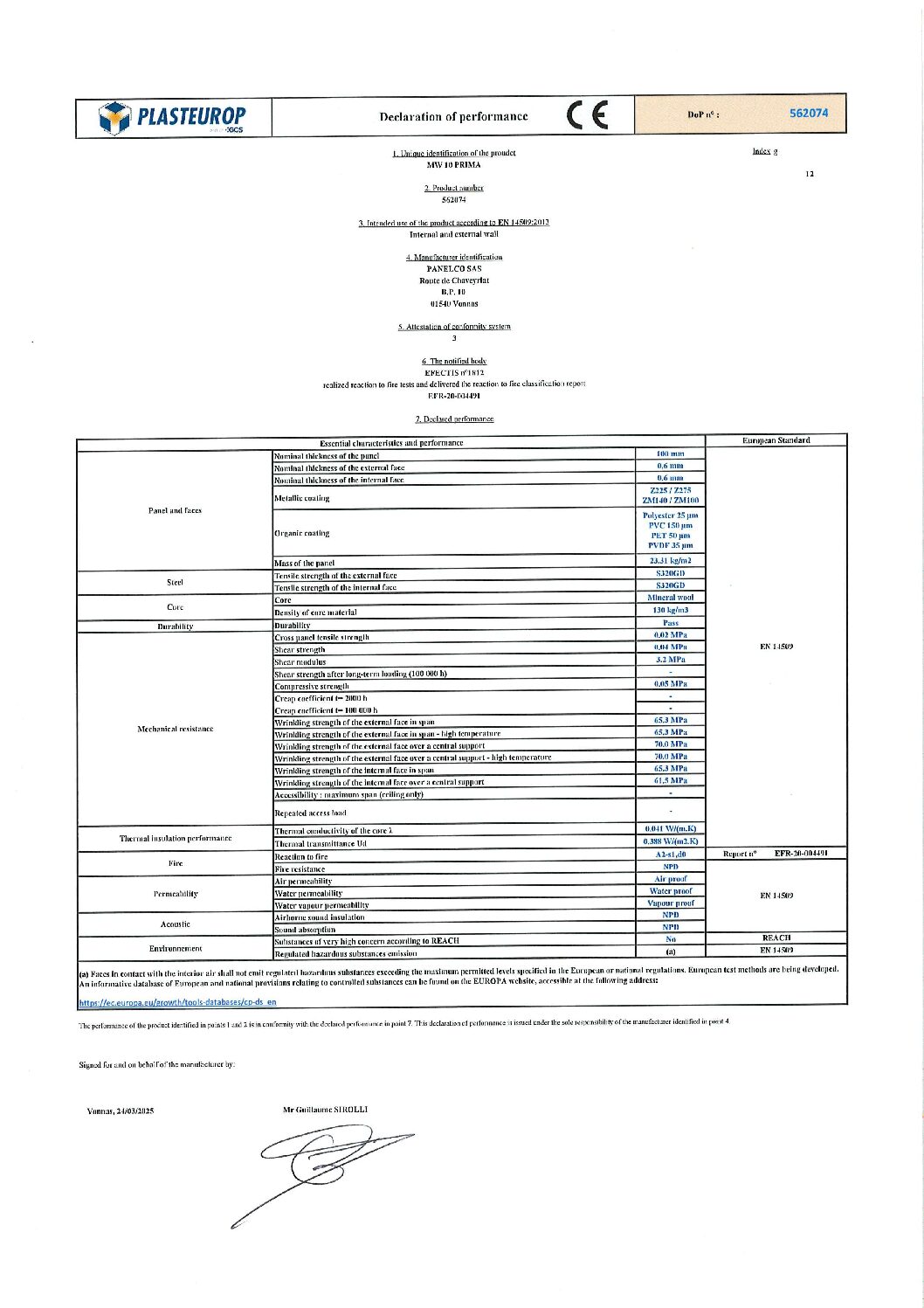 Aperçu de DoP MW 10 Prima 562074 g EN